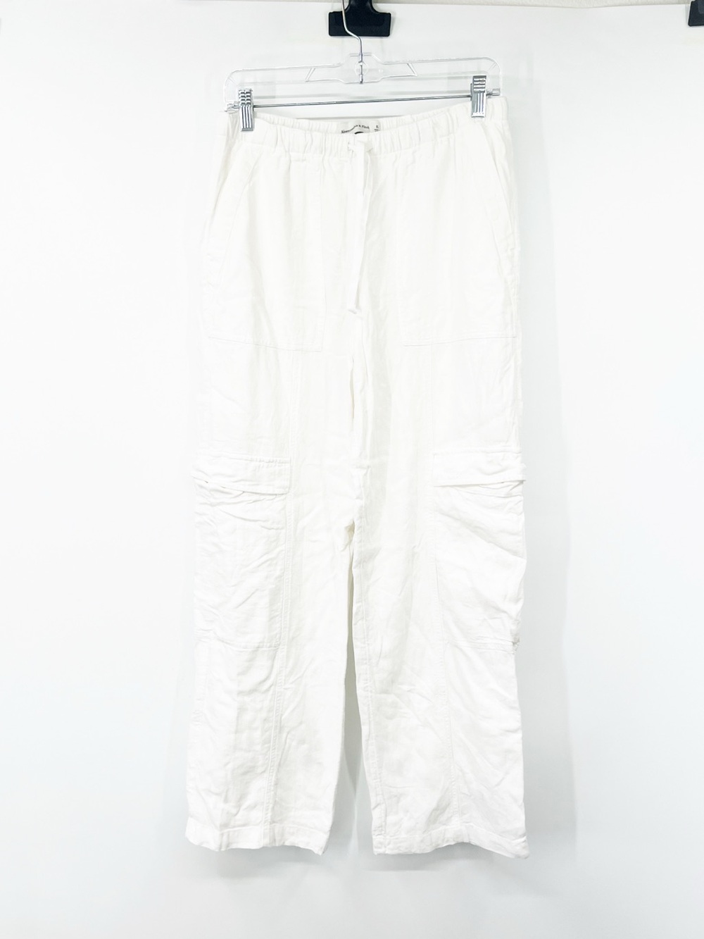 Abercrombie & Fitch Linen Blend High Rise Pull-On Cargo Pants White LONG